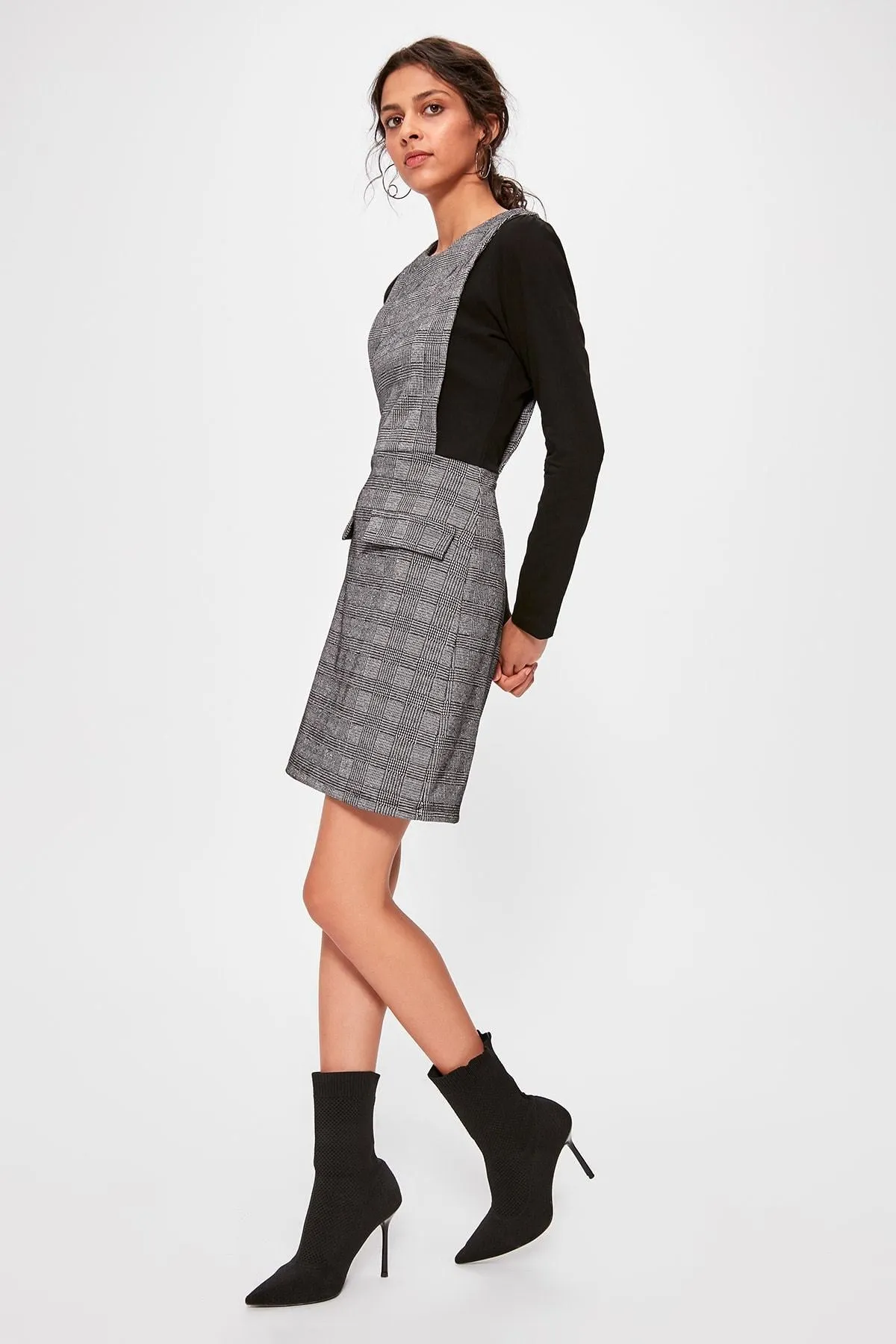 13084 Grey Plaid Gilet Knitted Dress