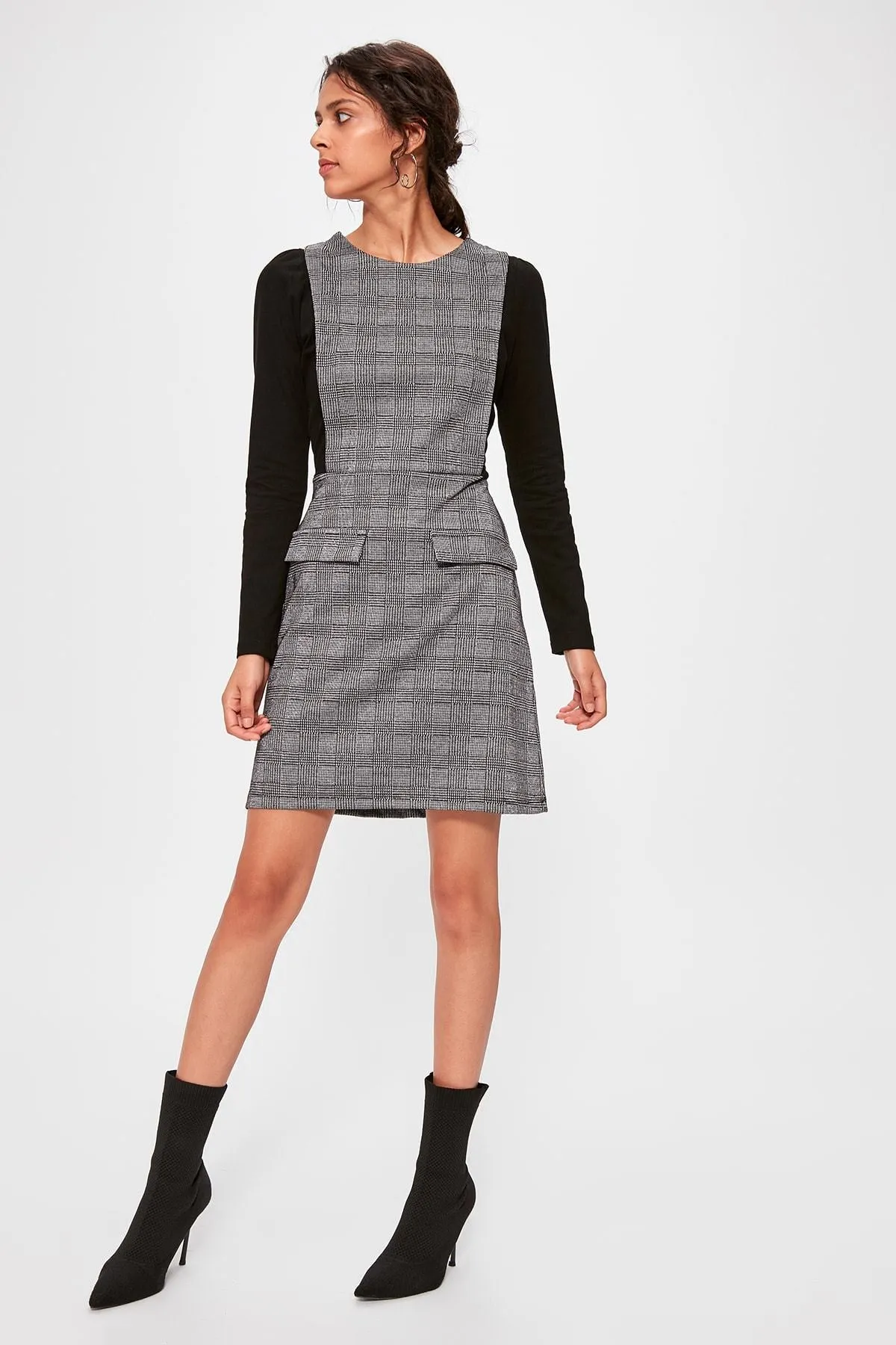 13084 Grey Plaid Gilet Knitted Dress