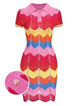 1970s Colorful Knitted Lapel Dress