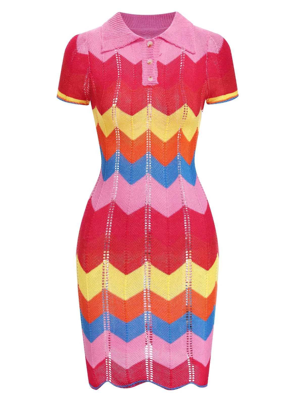 1970s Colorful Knitted Lapel Dress