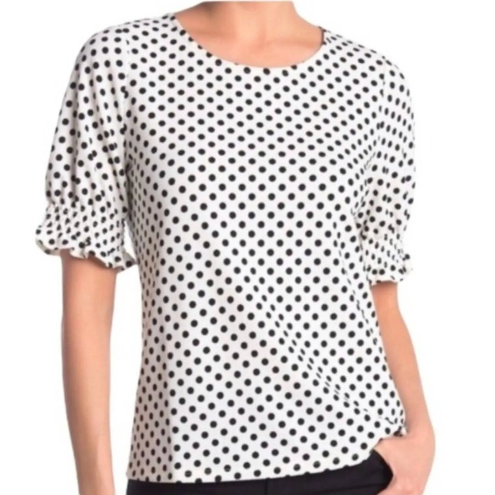 ADRIANNA PAPELL White Polka Dot Smocking Puff Sleeve Top Medium