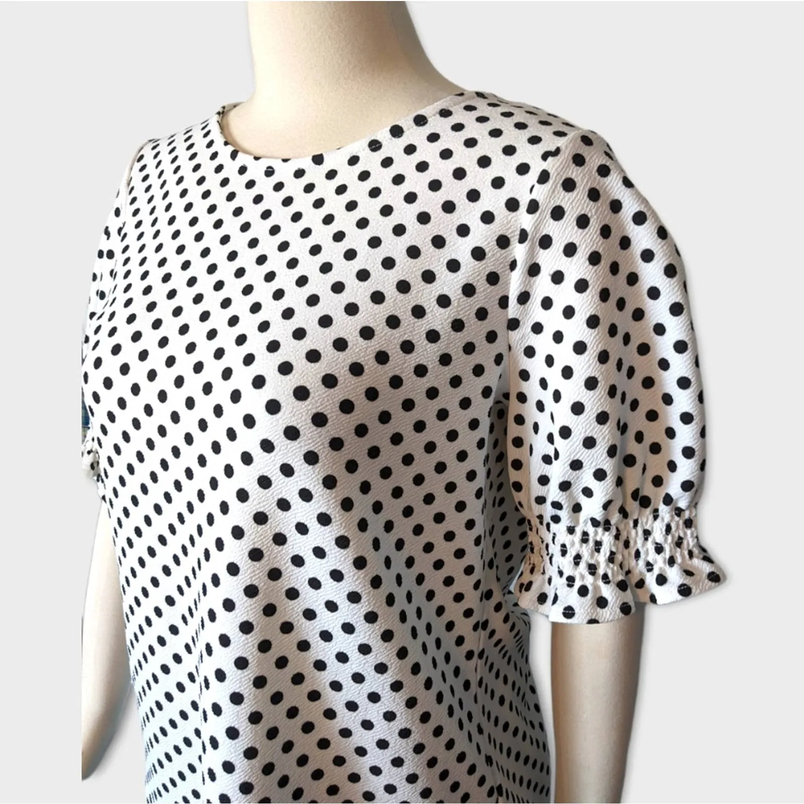 ADRIANNA PAPELL White Polka Dot Smocking Puff Sleeve Top Medium