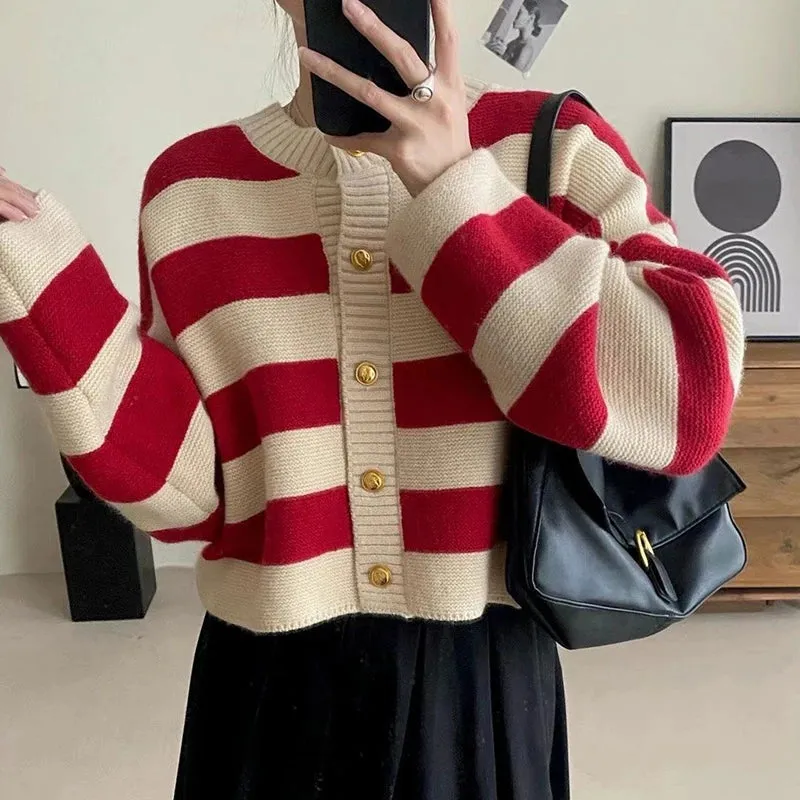 Aiertu Striped Knitted Cardigans Women Autumn Winter Button Up Loose Cardigan Sweaters Woman Korean Style Long Sleeve Knitwear