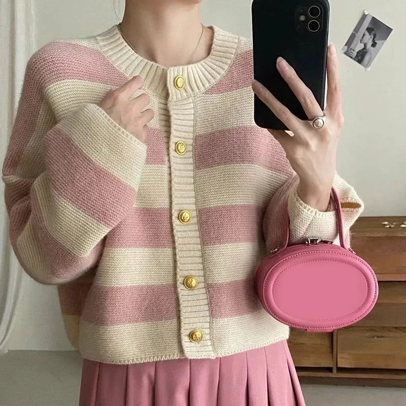 Aiertu Striped Knitted Cardigans Women Autumn Winter Button Up Loose Cardigan Sweaters Woman Korean Style Long Sleeve Knitwear