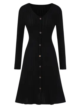 Black 1940s V-Neck Solid Knitted Dress