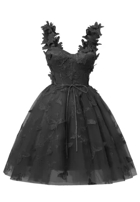 Black 3D Butterfly Lace Applique Tulle Homecoming Dress for Teens Sweetheart Mini Short Prom Dresses