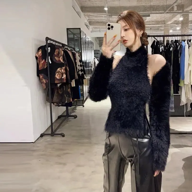 Black Plush Turtleneck Backless Sweater