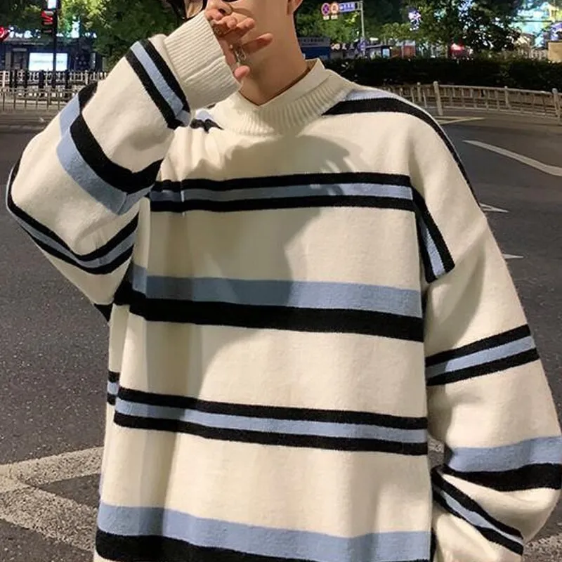 Bonsir Spring Autumn Loose Bear Embroidery Sweater Couple Knitwear Striped Sweater Men Streetwear Hip Hop Harajuku Casual Pullover