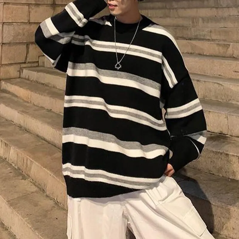 Bonsir Spring Autumn Loose Bear Embroidery Sweater Couple Knitwear Striped Sweater Men Streetwear Hip Hop Harajuku Casual Pullover