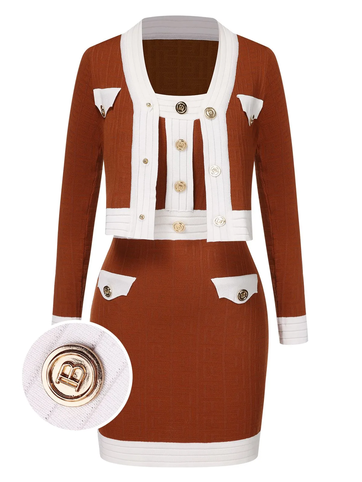 Caramel Colour 1960s Straps Contrast Color Knitted Suit