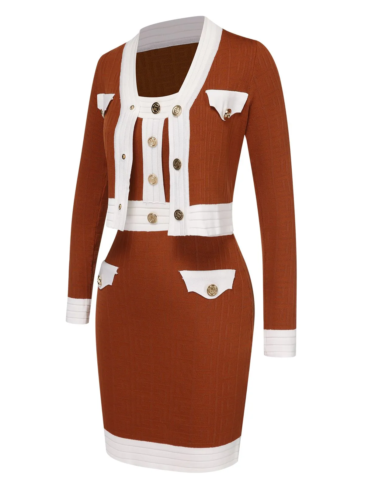 Caramel Colour 1960s Straps Contrast Color Knitted Suit