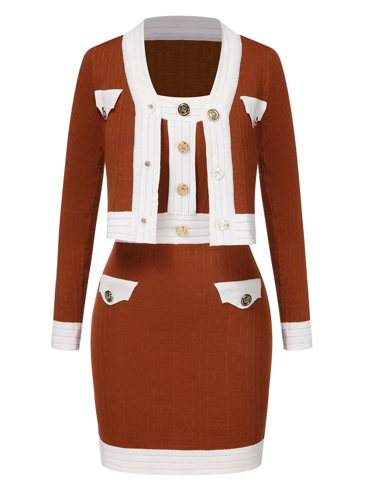 Caramel Colour 1960s Straps Contrast Color Knitted Suit