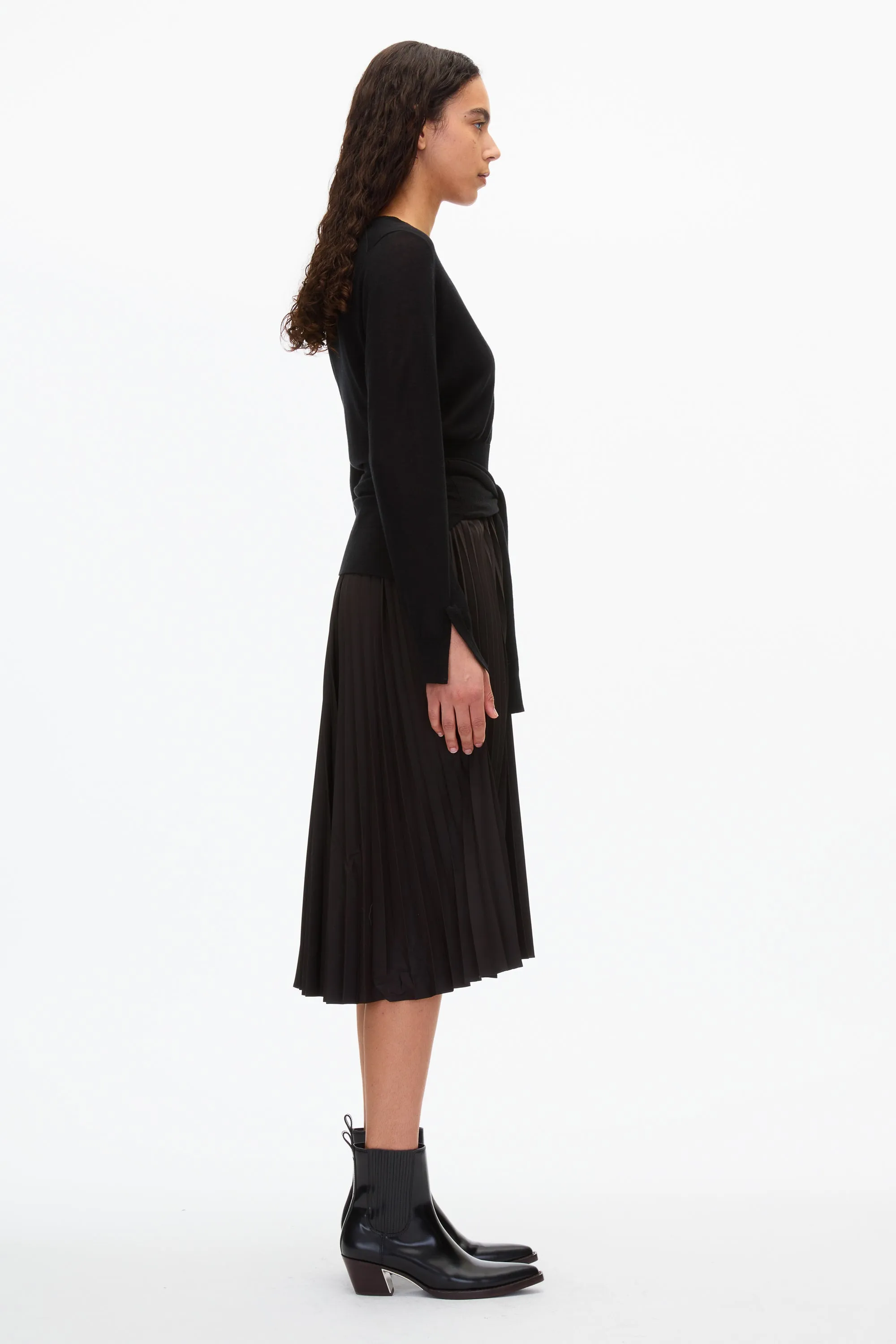 Combo Pleated Dress with Tie Waist