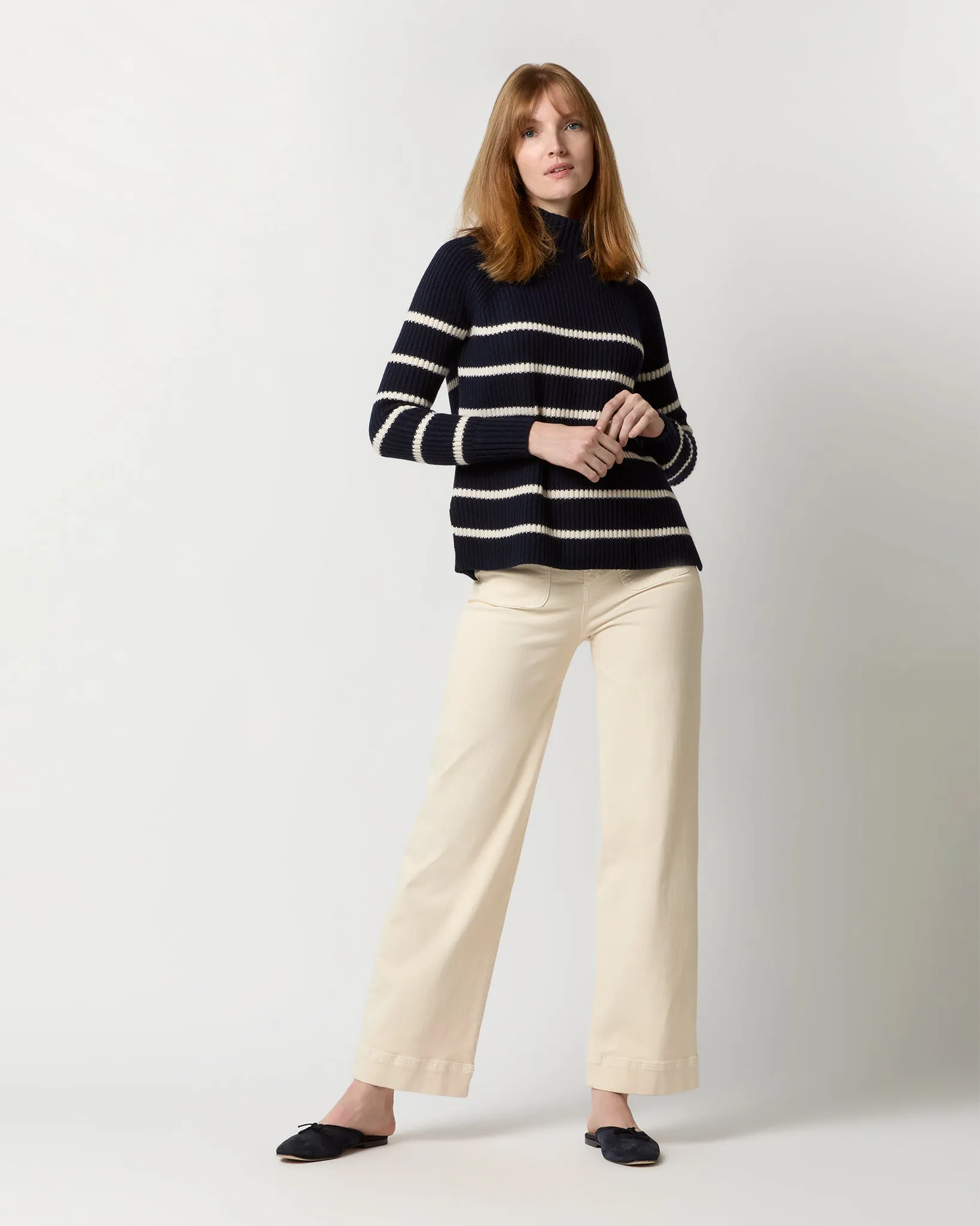 Dana Shaker-Stitch Turtleneck Sweater in Navy/Crème Stripe Cashmere