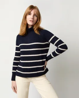 Dana Shaker-Stitch Turtleneck Sweater in Navy/Crème Stripe Cashmere