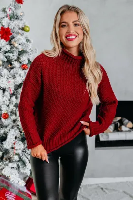 Dark Red Textured Turtleneck Sweater