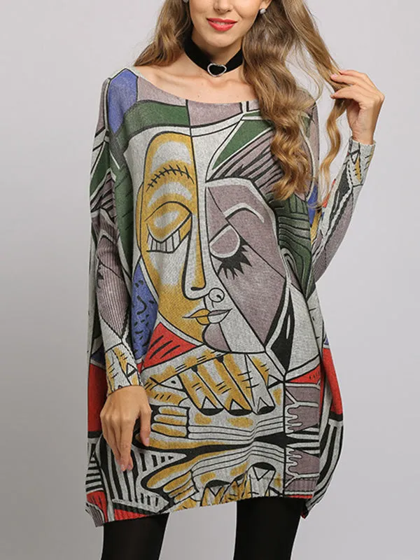 Figure Printed Long Sleeves Loose Boat Neck Knitwear