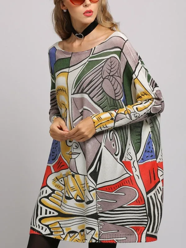 Figure Printed Long Sleeves Loose Boat Neck Knitwear