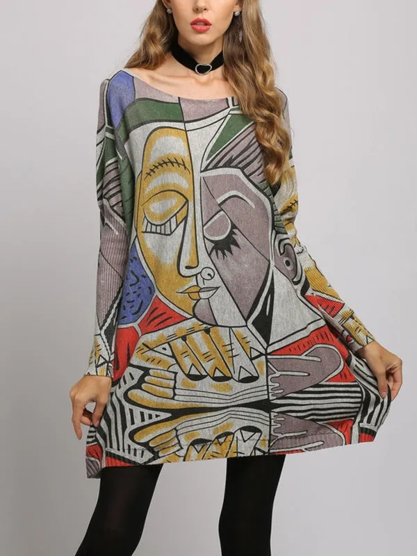 Figure Printed Long Sleeves Loose Boat Neck Knitwear