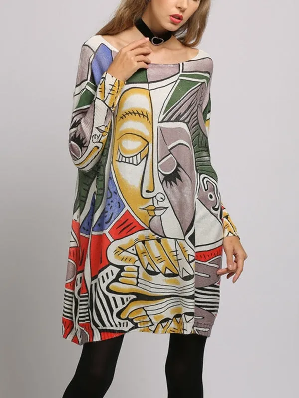 Figure Printed Long Sleeves Loose Boat Neck Knitwear