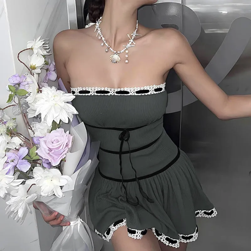 Flytonn-hoco dresses homecoming dresses  women dress to impress  y2k outfits spring summer women's dress Off Shoulder Ribbon Trim Lace Up Slim Mini Dress