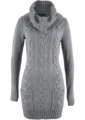 Knitted dress with turtleneck and patch pockets Bpc Bonprix Collection, gray