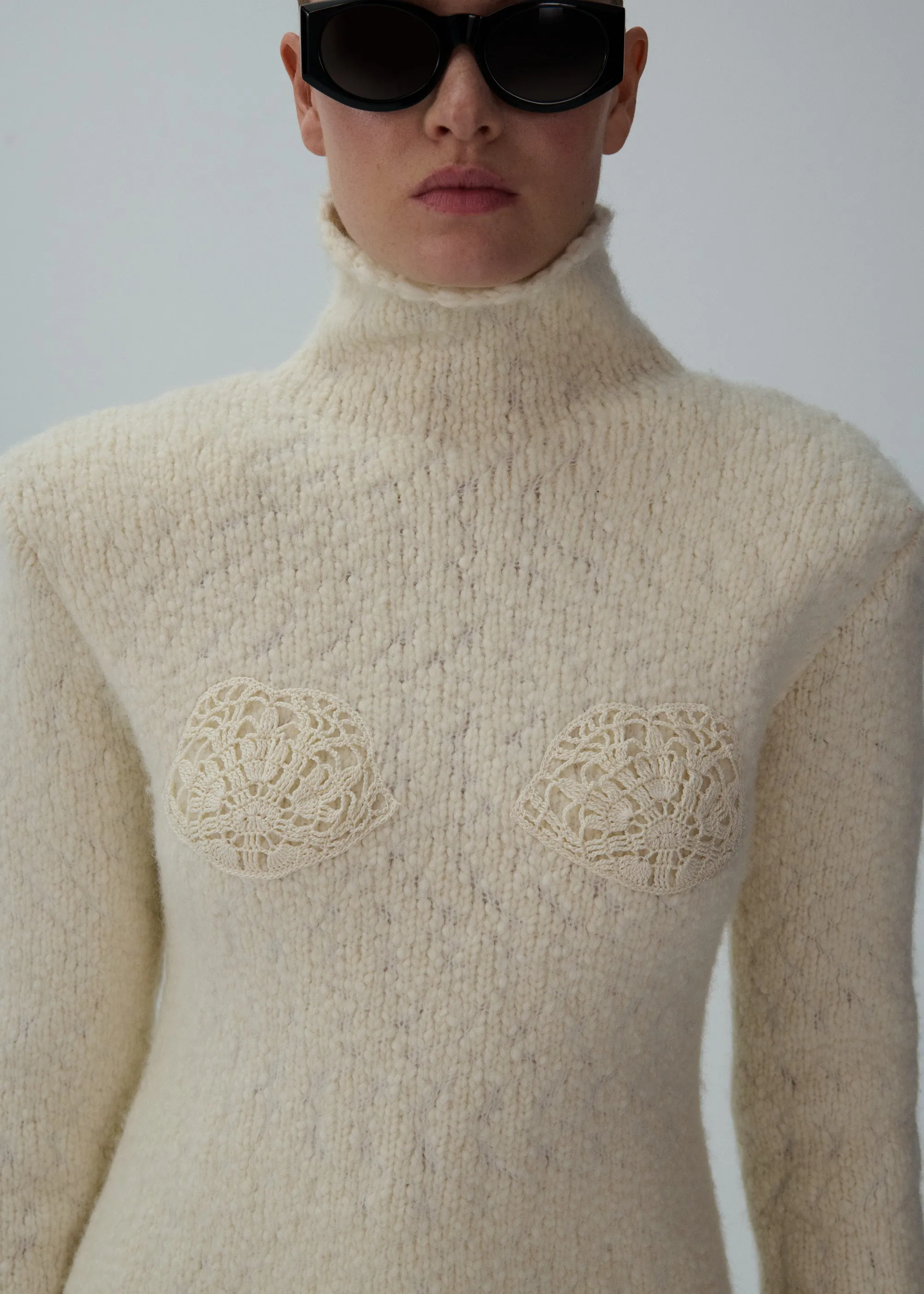 Lace bra cashmere turtleneck sweater in cream