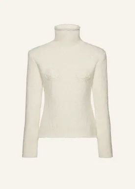 Lace bra cashmere turtleneck sweater in cream