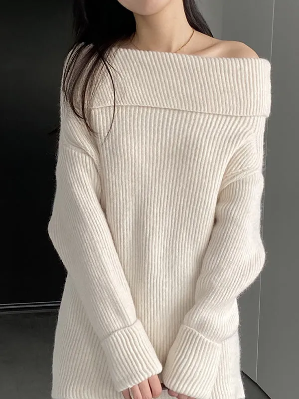 Long Sleeves Loose Solid Color Off-The-Shoulder Knitwear Pullovers Sweater