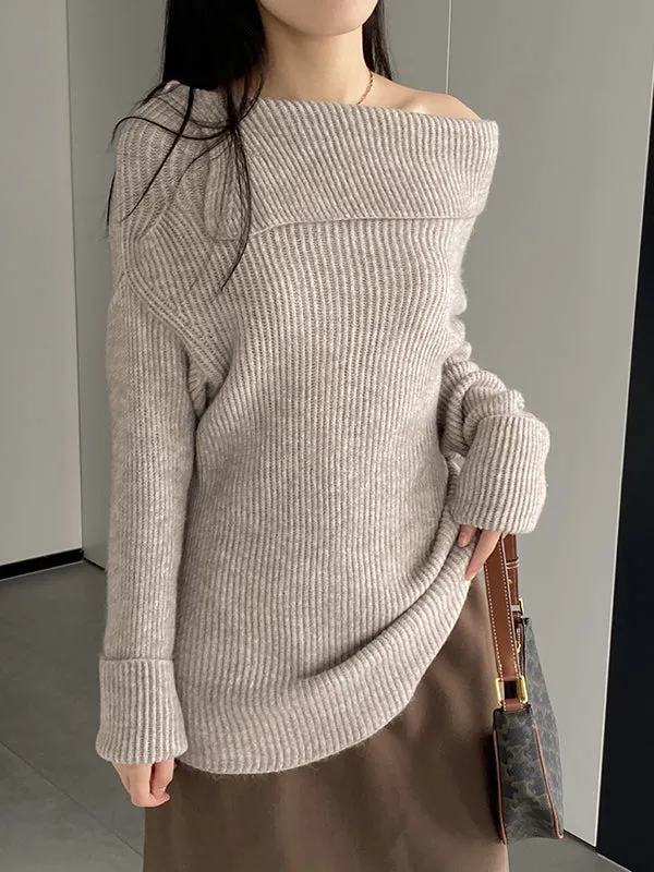 Long Sleeves Loose Solid Color Off-The-Shoulder Knitwear Pullovers Sweater