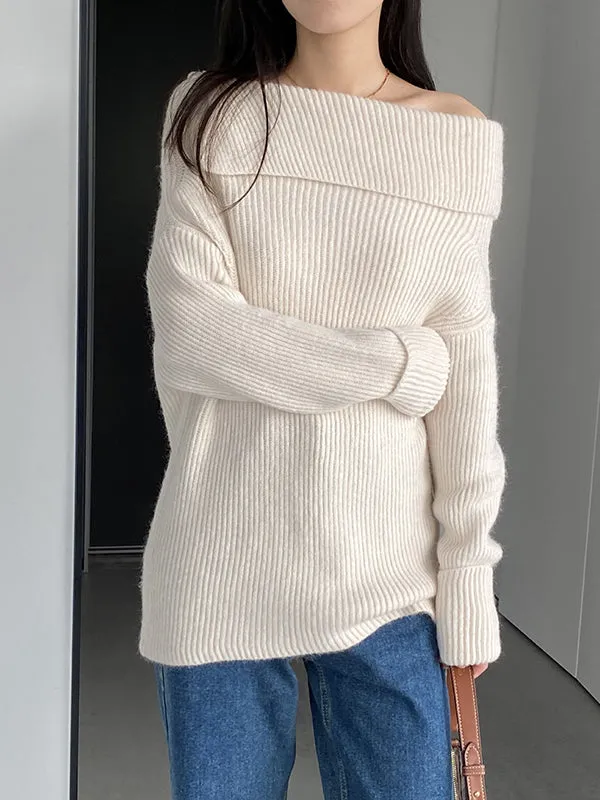 Long Sleeves Loose Solid Color Off-The-Shoulder Knitwear Pullovers Sweater