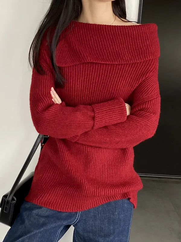 Long Sleeves Loose Solid Color Off-The-Shoulder Knitwear Pullovers Sweater