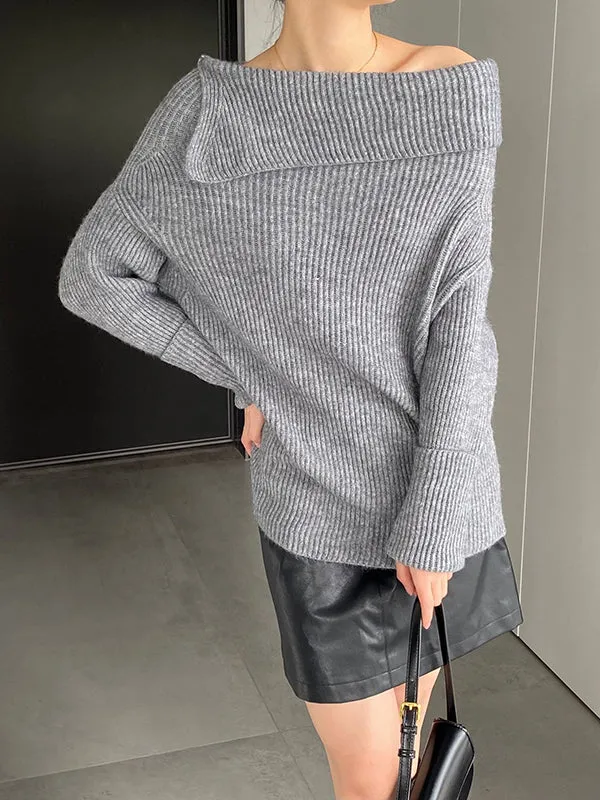 Long Sleeves Loose Solid Color Off-The-Shoulder Knitwear Pullovers Sweater