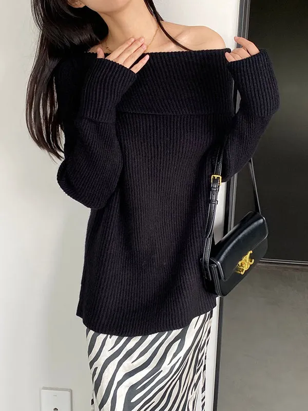 Long Sleeves Loose Solid Color Off-The-Shoulder Knitwear Pullovers Sweater