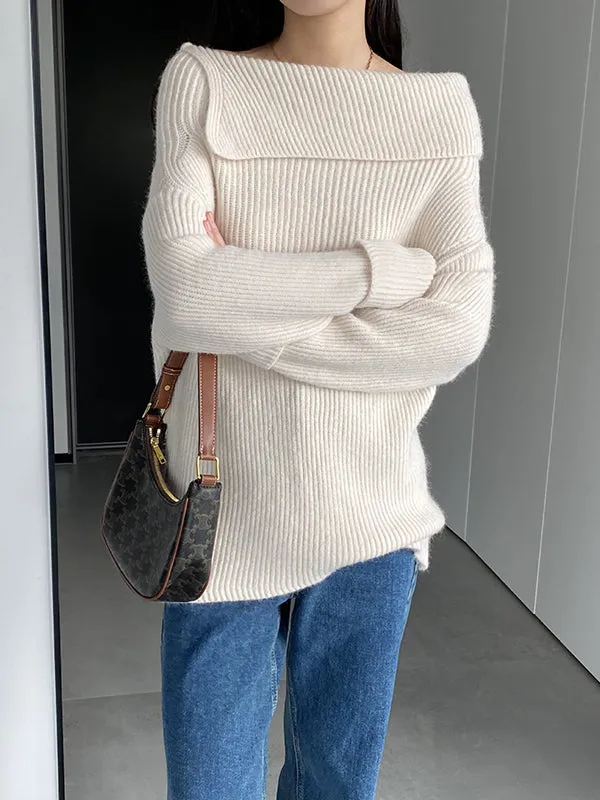 Long Sleeves Loose Solid Color Off-The-Shoulder Knitwear Pullovers Sweater