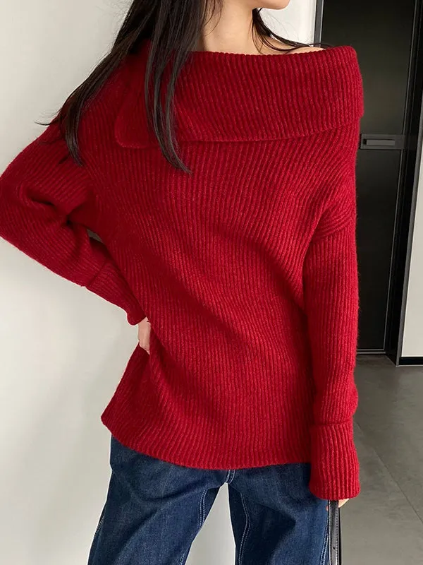 Long Sleeves Loose Solid Color Off-The-Shoulder Knitwear Pullovers Sweater