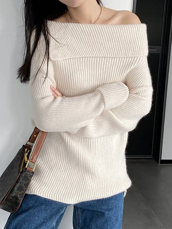 Long Sleeves Loose Solid Color Off-The-Shoulder Knitwear Pullovers Sweater