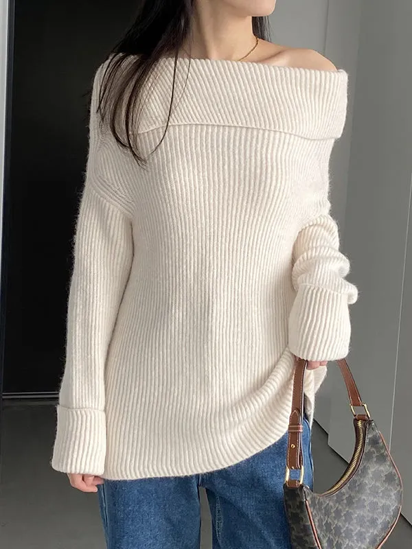 Long Sleeves Loose Solid Color Off-The-Shoulder Knitwear Pullovers Sweater