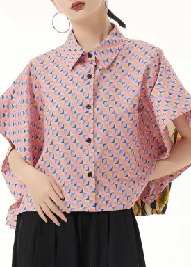 Loose Pink Peter Pan Collar Print Patchwork Cotton Shirt Summer LY9539