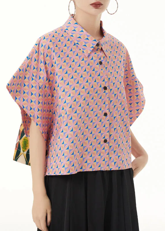 Loose Pink Peter Pan Collar Print Patchwork Cotton Shirt Summer LY9539