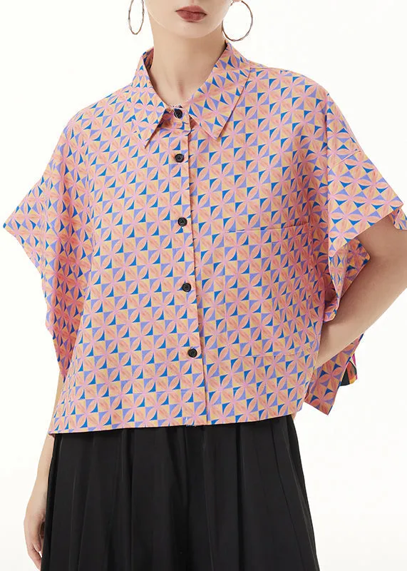 Loose Pink Peter Pan Collar Print Patchwork Cotton Shirt Summer LY9539