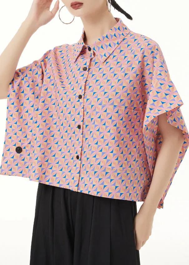 Loose Pink Peter Pan Collar Print Patchwork Cotton Shirt Summer LY9539