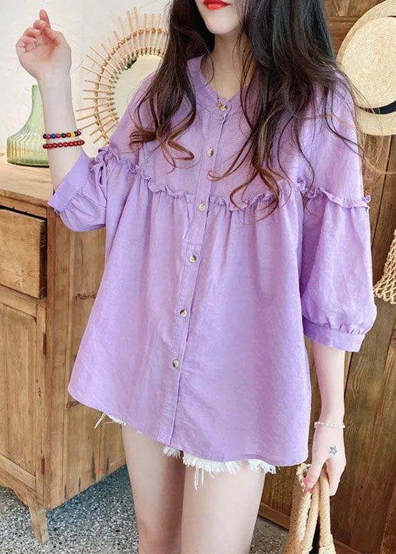 Loose Purple Ruffled Button Patchwork Linen Shirt Spring LY2904