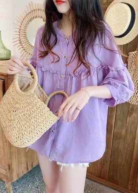 Loose Purple Ruffled Button Patchwork Linen Shirt Spring LY2904