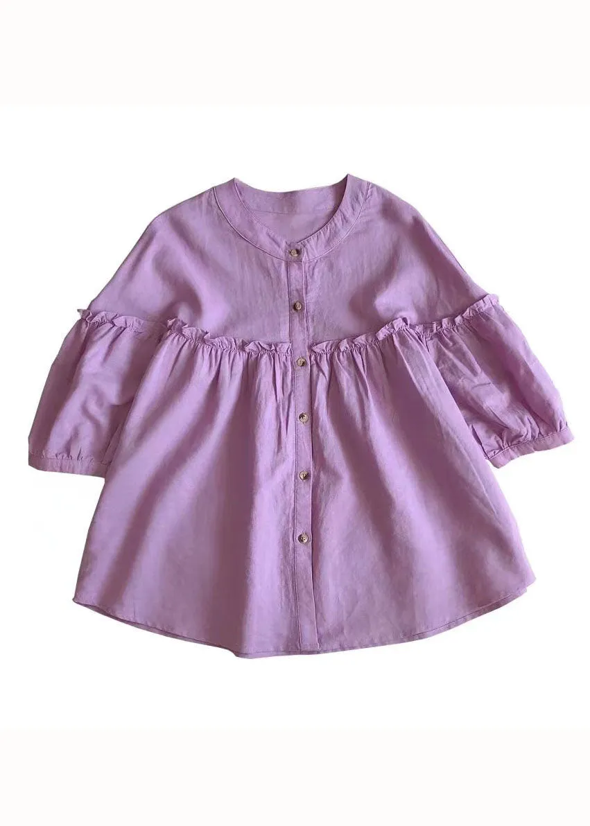 Loose Purple Ruffled Button Patchwork Linen Shirt Spring LY2904