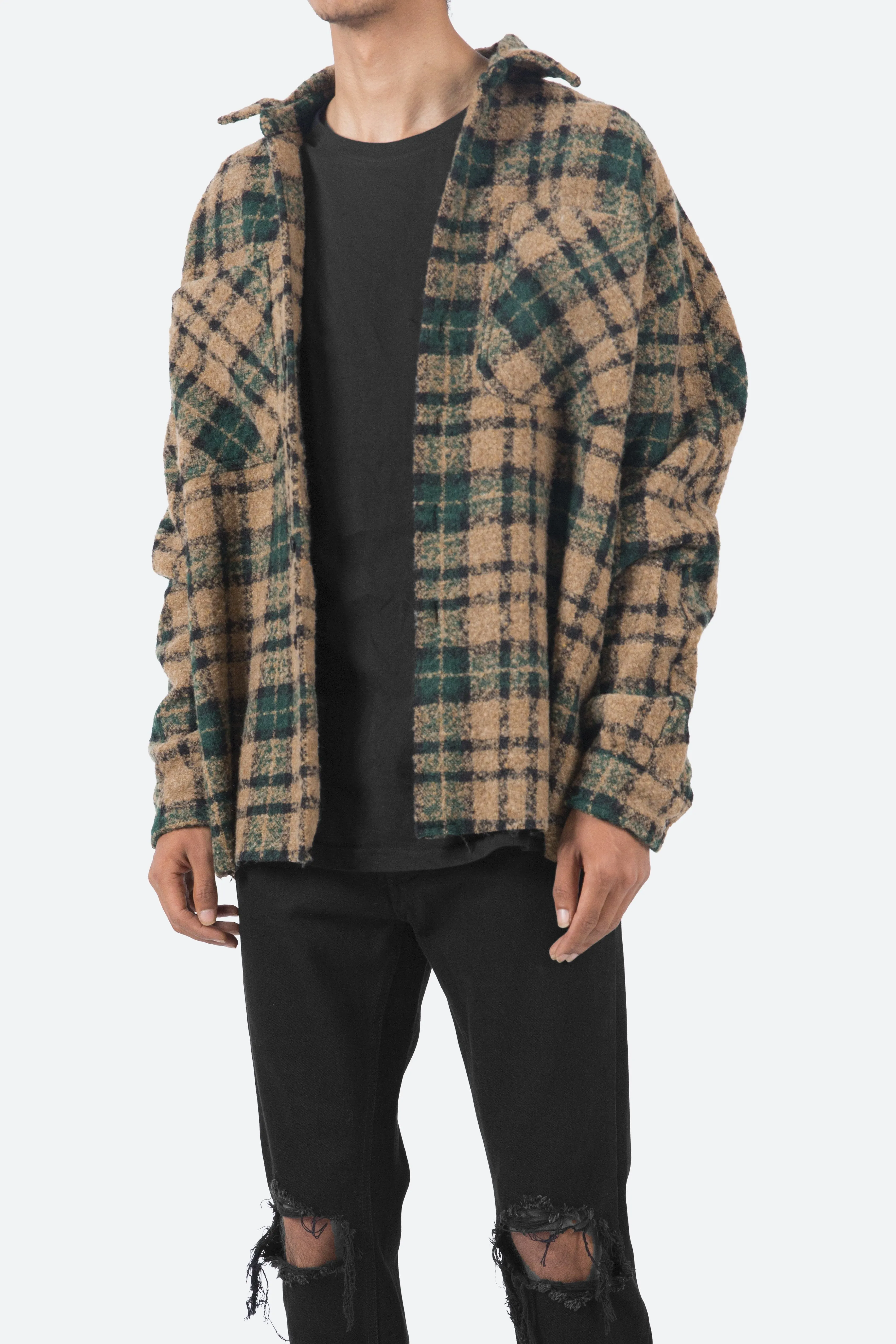 Loose Woven Flannel Shirt - Green/Black