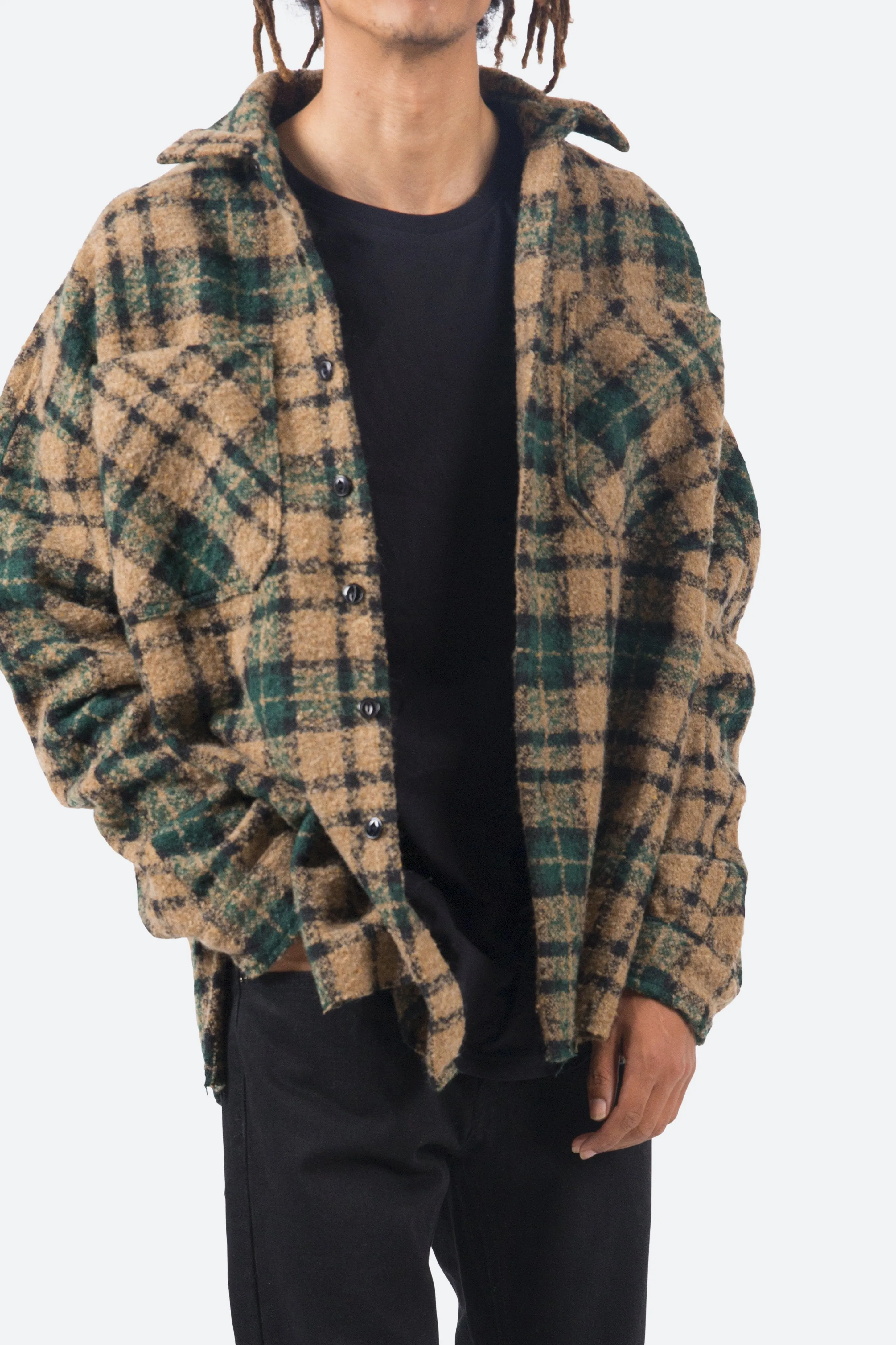 Loose Woven Flannel Shirt - Green/Black