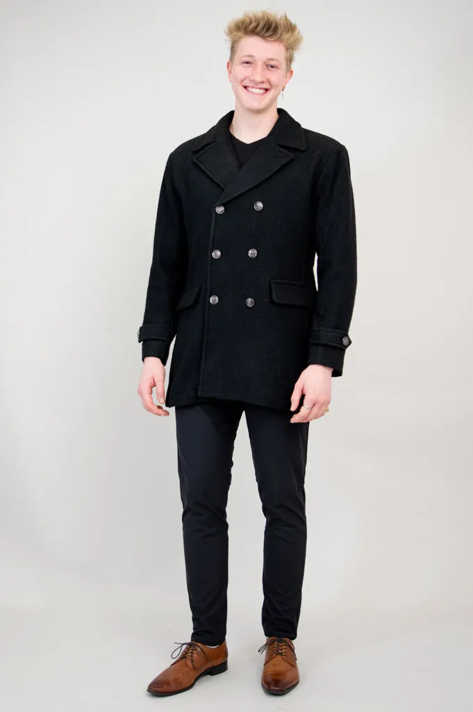 Mens Peacoat, Black, Boiled Wool