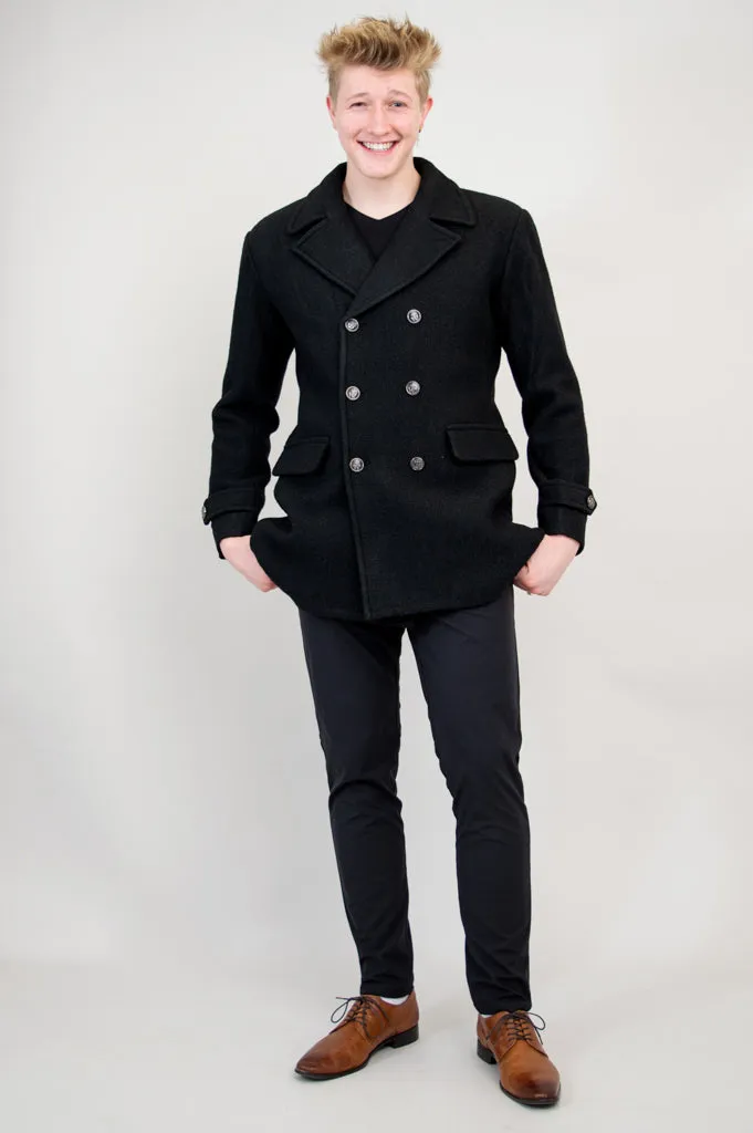 Mens Peacoat, Black, Boiled Wool