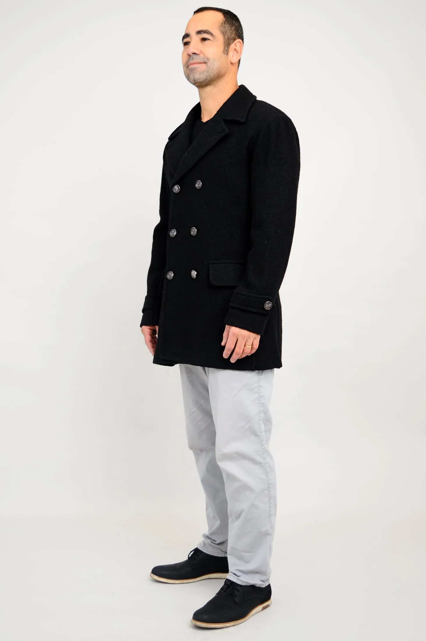 Mens Peacoat, Black, Boiled Wool